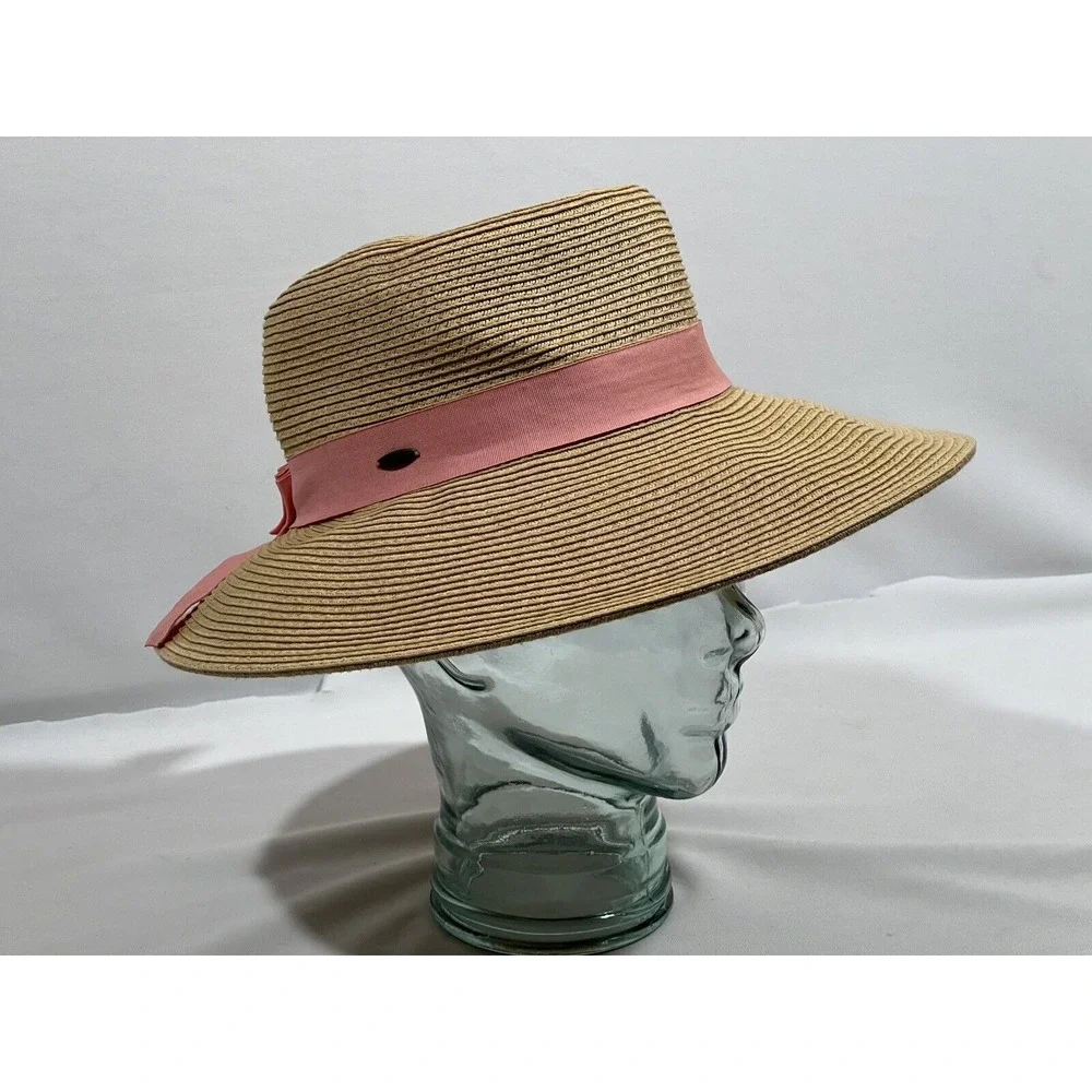 CC Sunshade Hat Womens Tan Pink Bow Wide Brim Coastal Cottagecore Beach